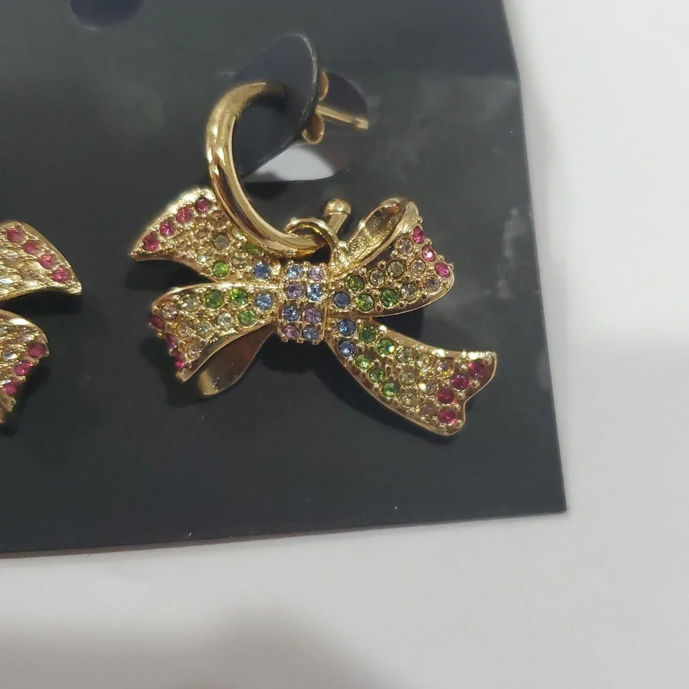 Coach‎ bright multicolored pave crystal gemstones adorned bow post earrings new - Picture 3 of 10